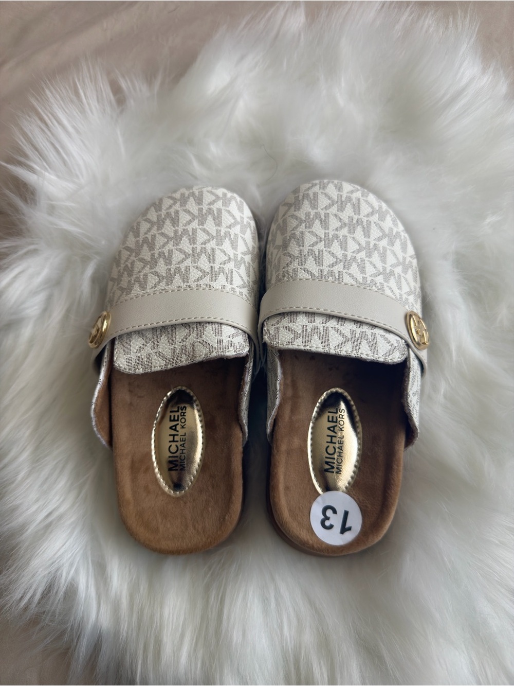 Michael Kors Kids Beige Logo Slip-On Mules with Gold Accent